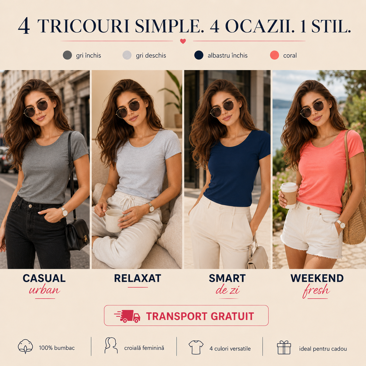 Set 4 tricouri damă 100% bumbac gri &icirc;nchis gri deschis albastru &icirc;nchis coral transport gratuit
